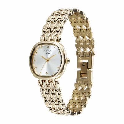 Titan Raga Mother of Pearl Shaped Dial Gold Metal Strap Analog Watch for Women