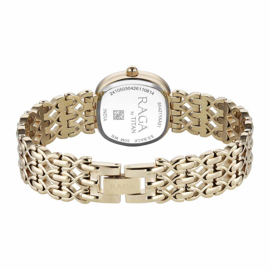 Titan Raga Mother of Pearl Shaped Dial Gold Metal Strap Analog Watch for Women