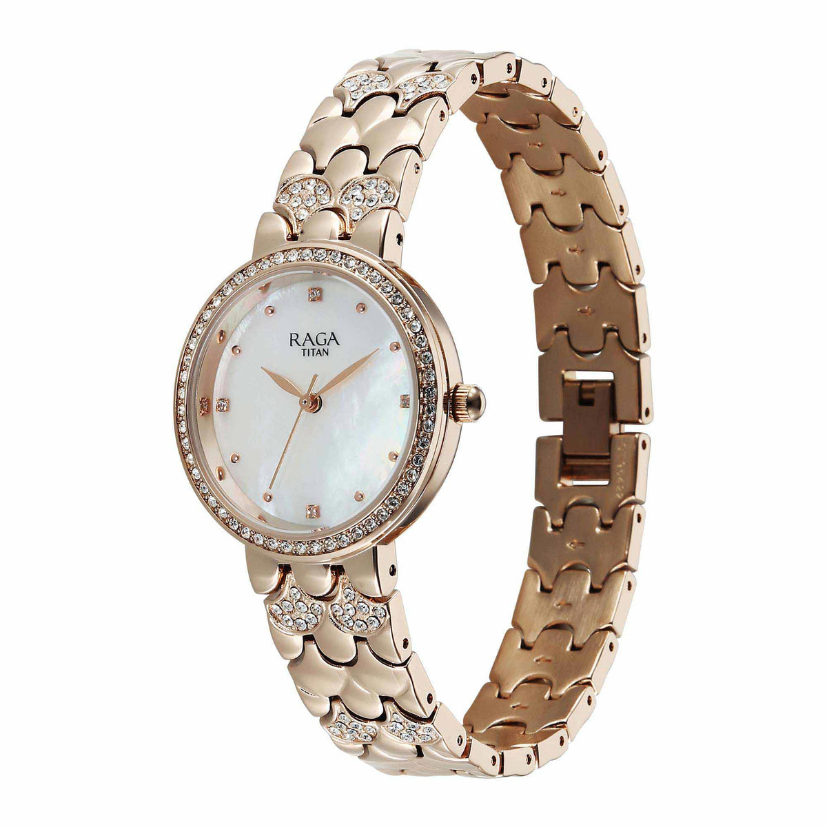 Titan Raga Mother of Pearl Dial Rose Gold Metal Strap Analog Watch for Women
