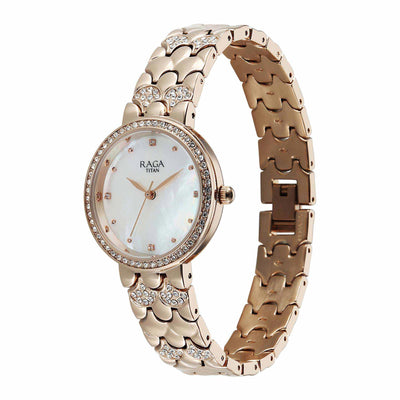 Titan Raga Mother of Pearl Dial Rose Gold Metal Strap Analog Watch for Women