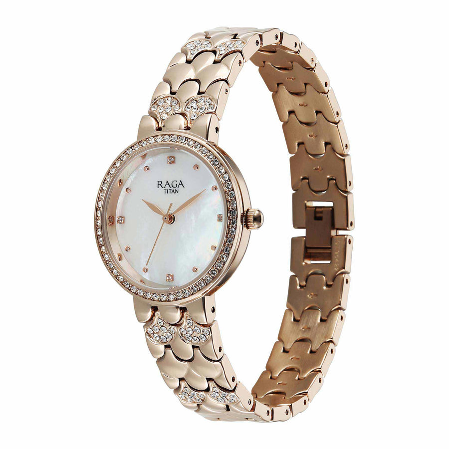 Titan Raga Mother of Pearl Dial Rose Gold Metal Strap Analog Watch for Women
