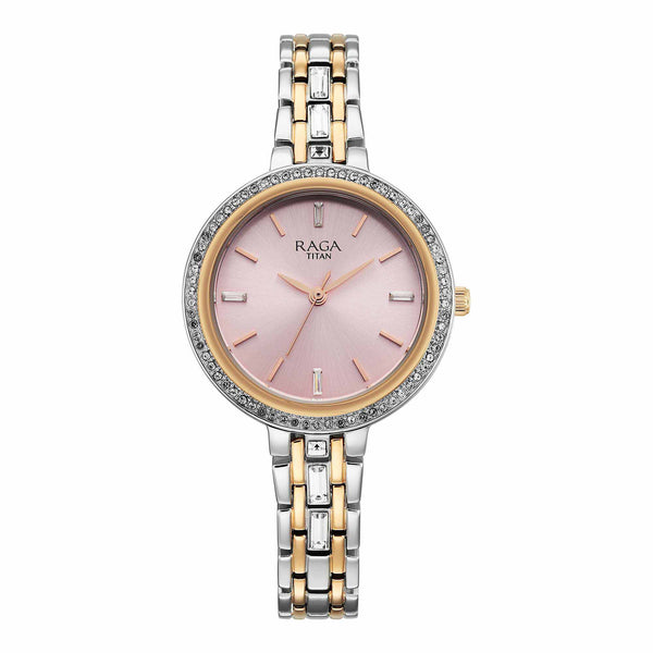 Titan Raga Pink Dial Two Toned Metal Strap Analog Watch for Women