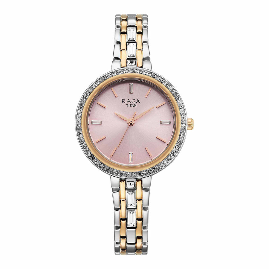 Titan Raga Pink Dial Two Toned Metal Strap Analog Watch for Women