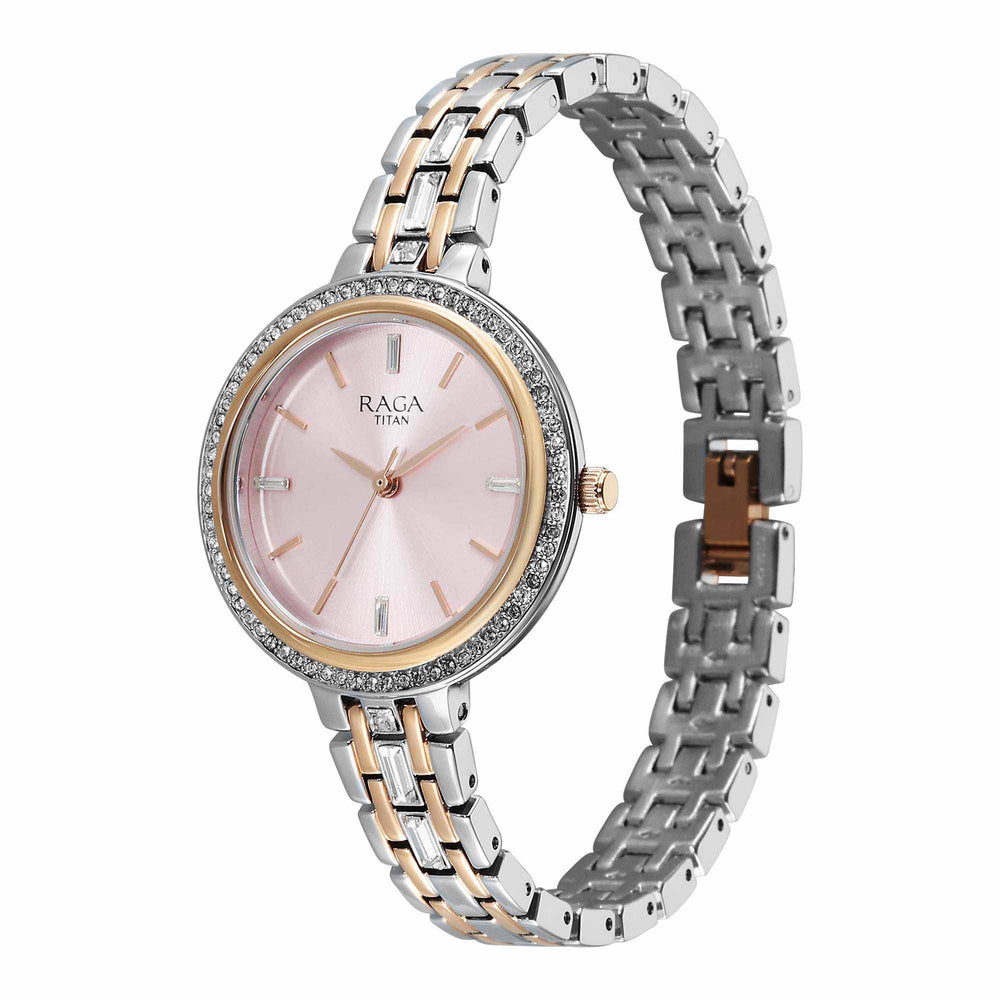 Titan Raga Pink Dial Two Toned Metal Strap Analog Watch for Women