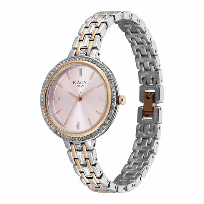 Titan Raga Pink Dial Two Toned Metal Strap Analog Watch for Women