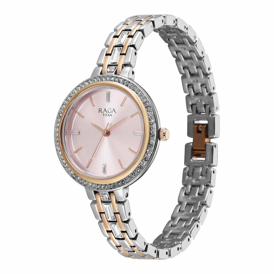 Titan Raga Pink Dial Two Toned Metal Strap Analog Watch for Women