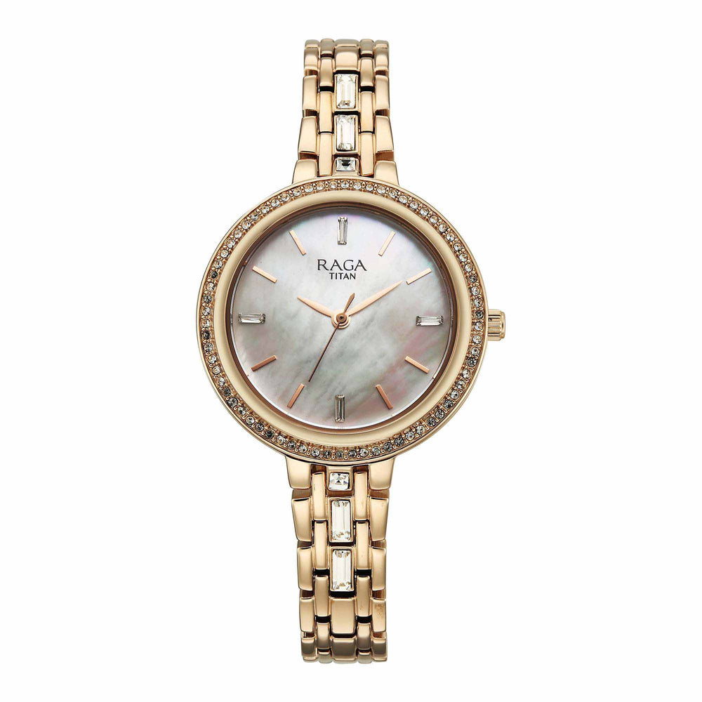 Titan Raga Mother of Pearl Dial Rose Gold Metal Strap Analog Watch for Women