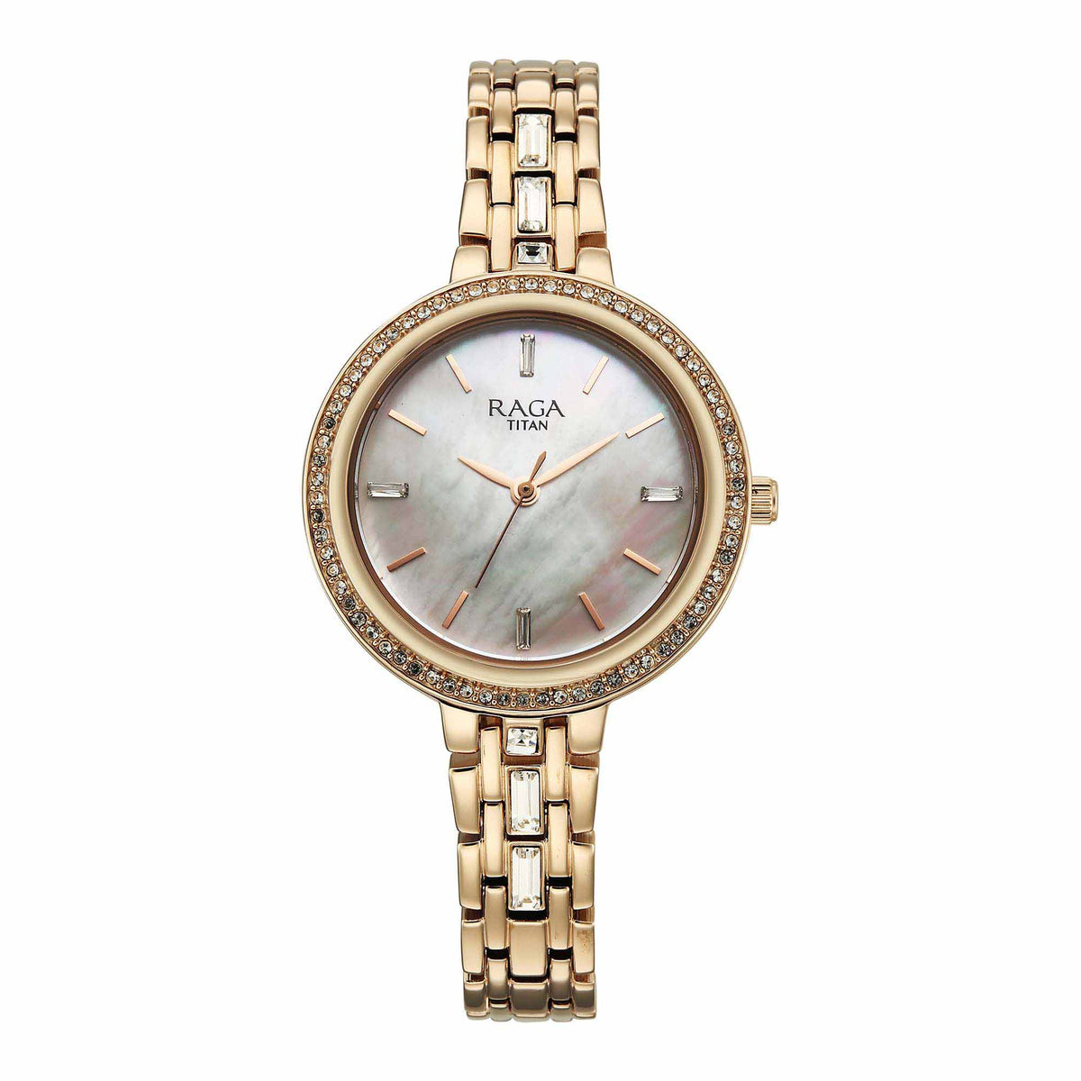 Titan Raga Mother of Pearl Dial Rose Gold Metal Strap Analog Watch for Women