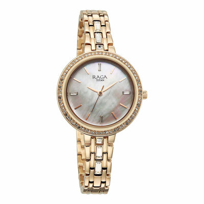 Titan Raga Mother of Pearl Dial Rose Gold Metal Strap Analog Watch for Women