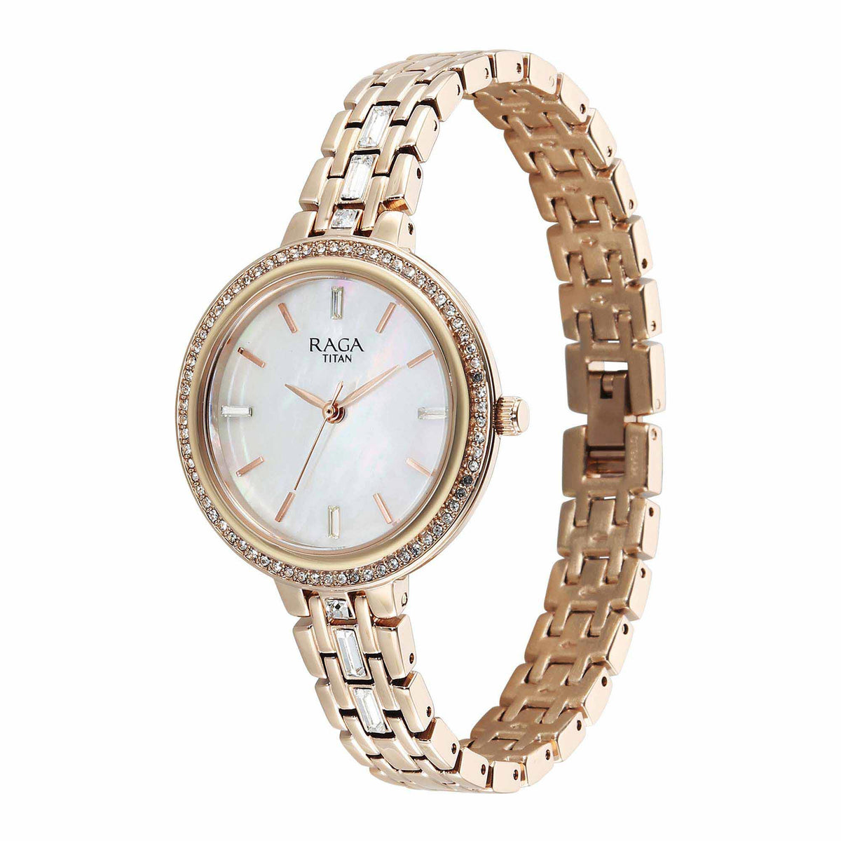Titan Raga Mother of Pearl Dial Rose Gold Metal Strap Analog Watch for Women