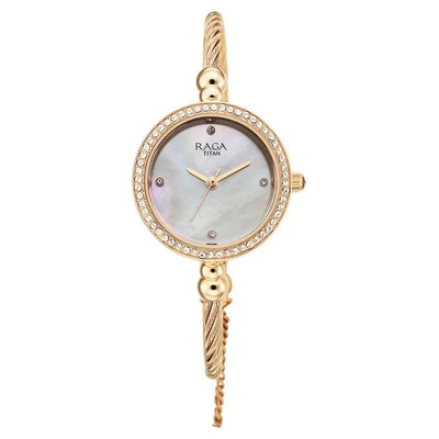Titan Raga White Dial Rose Gold Metal Strap Analog Watch For Women