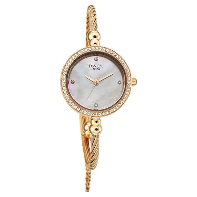 Titan Raga White Dial Rose Gold Metal Strap Analog Watch For Women