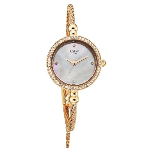 Titan Raga White Dial Rose Gold Metal Strap Analog Watch For Women