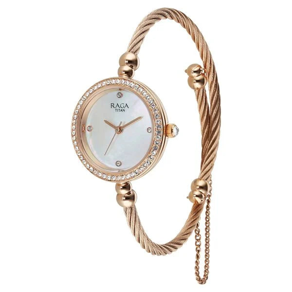 Titan Raga White Dial Rose Gold Metal Strap Analog Watch For Women
