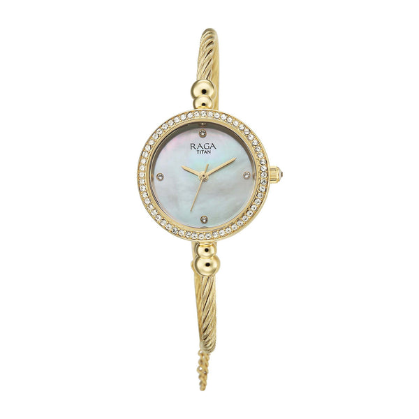 Titan Raga Mother of Pearl Dial Gold Metal Strap Analog Watch for Women