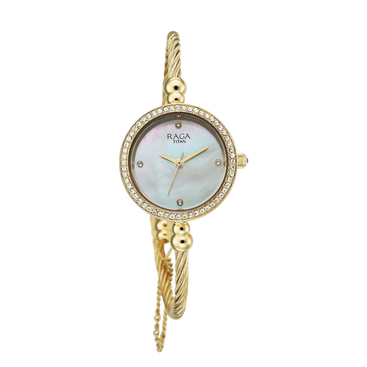 Titan Raga Mother of Pearl Dial Gold Metal Strap Analog Watch for Women
