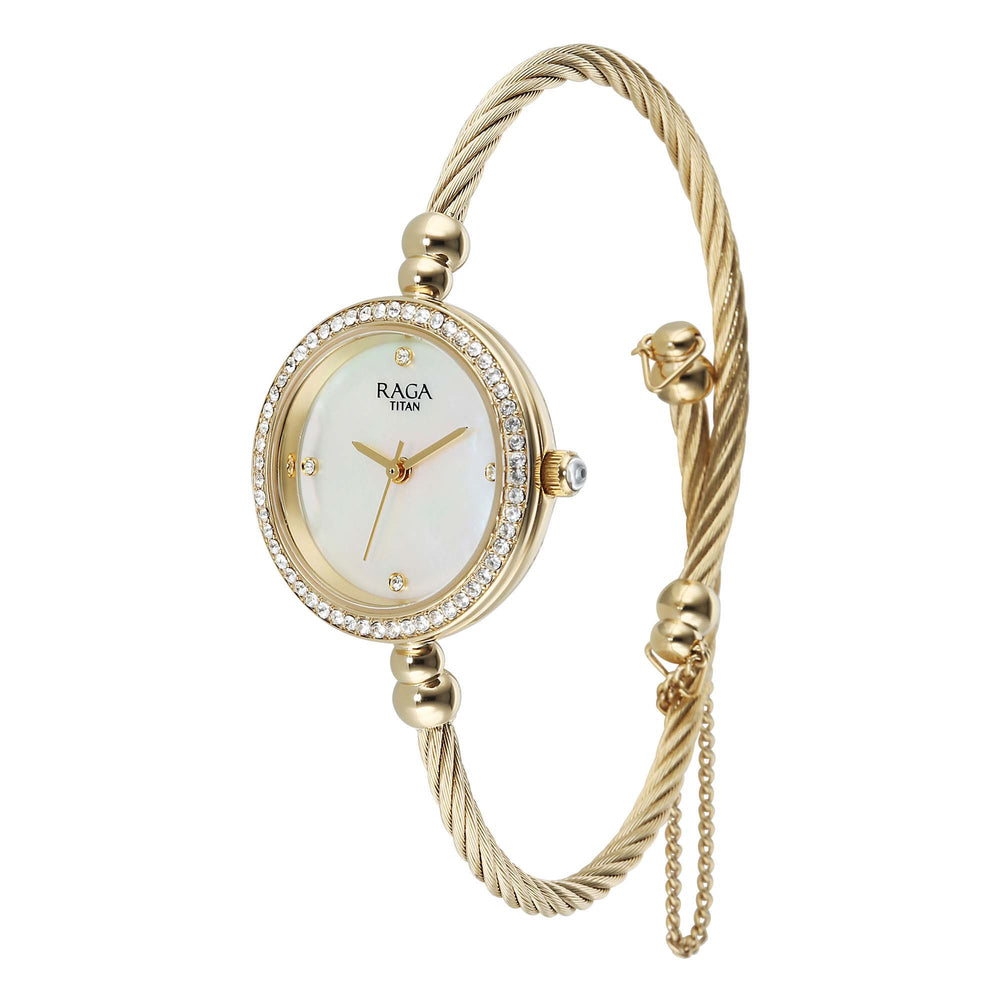Titan Raga Mother of Pearl Dial Gold Metal Strap Analog Watch for Women