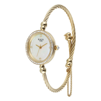 Titan Raga Mother of Pearl Dial Gold Metal Strap Analog Watch for Women