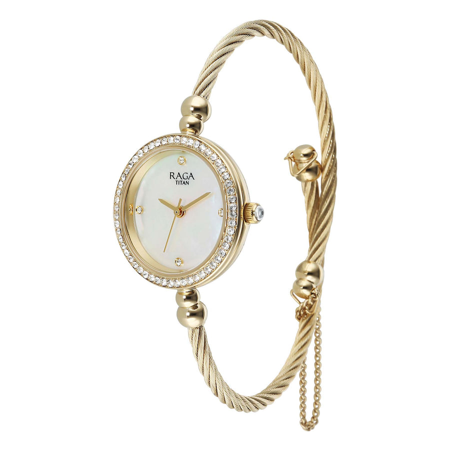 Titan Raga Mother of Pearl Dial Gold Metal Strap Analog Watch for Women