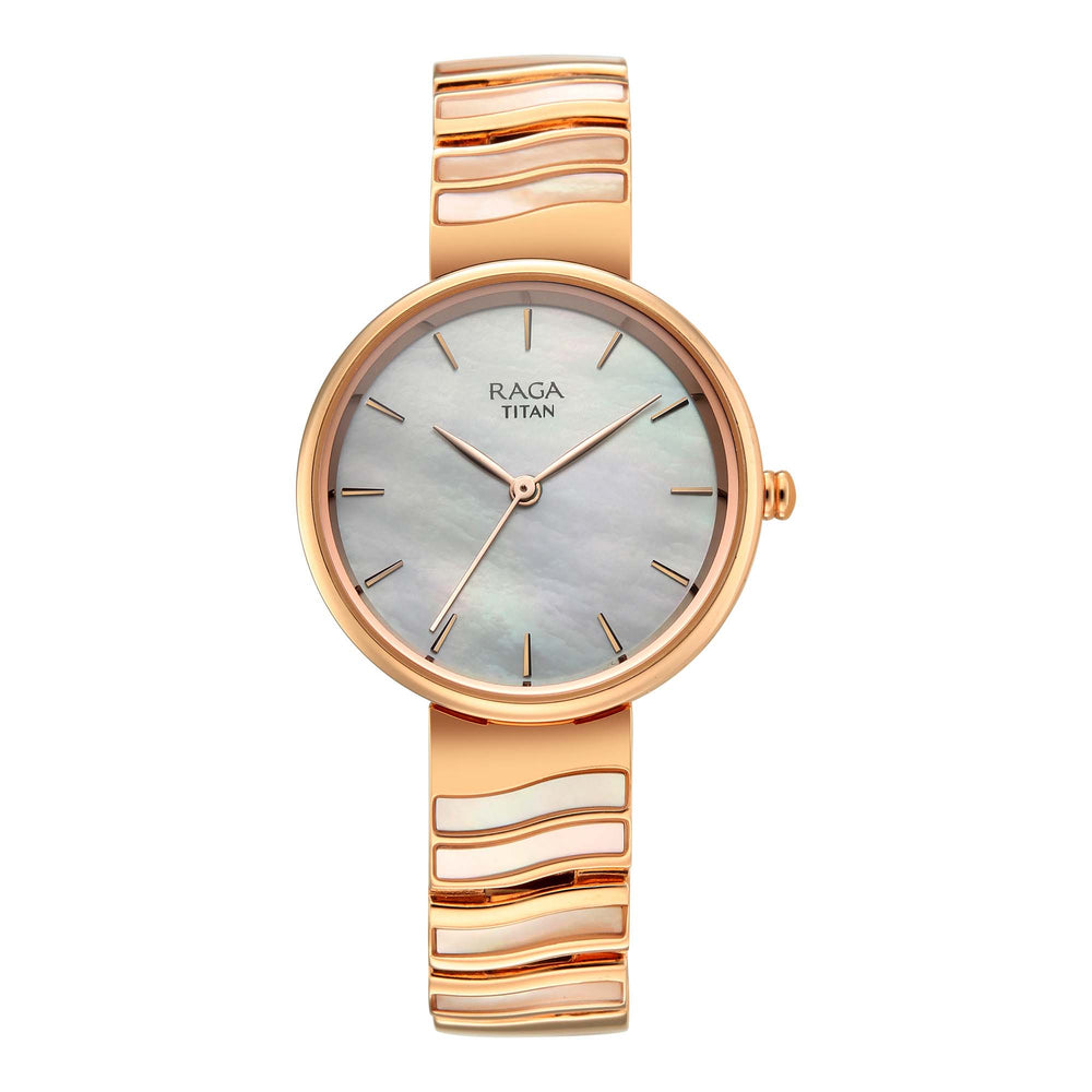 Titan Raga Mother of Pearl Dial Rose Gold Metal Strap Analog Watch for Women
