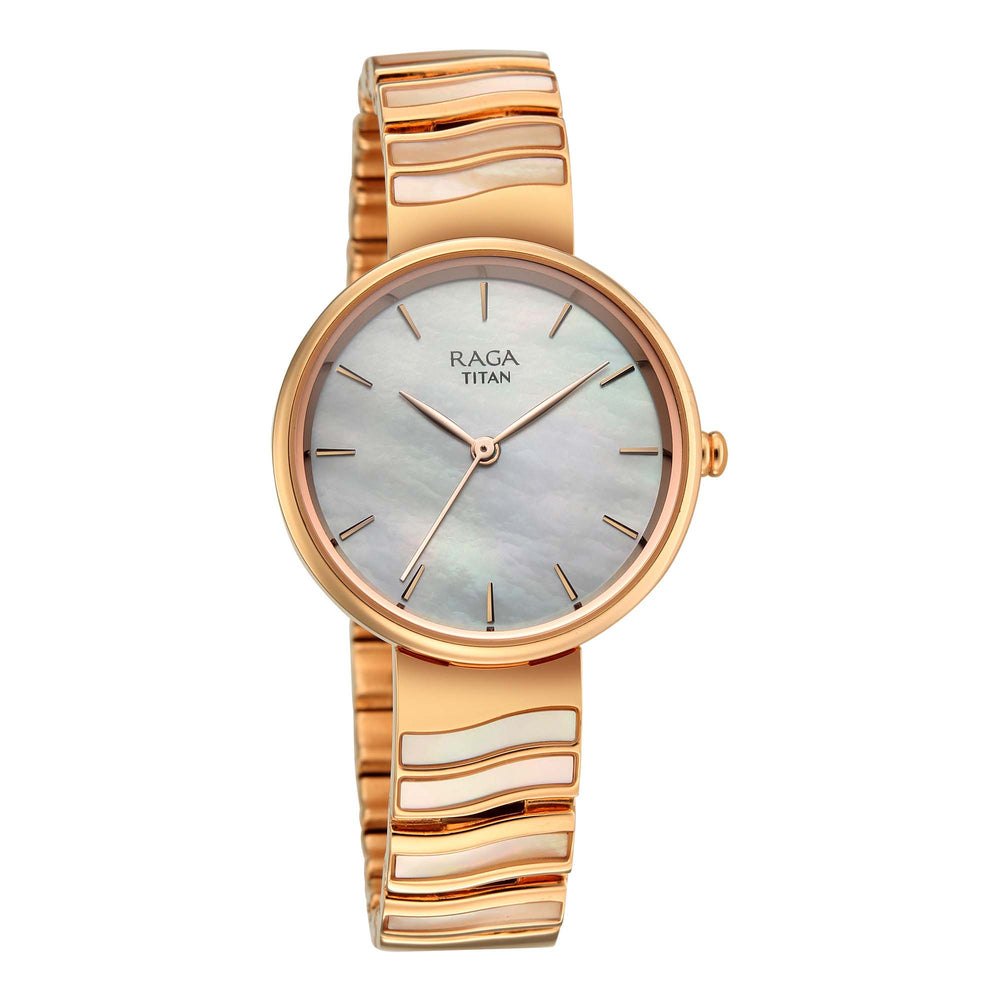 Titan Raga Mother of Pearl Dial Rose Gold Metal Strap Analog Watch for Women