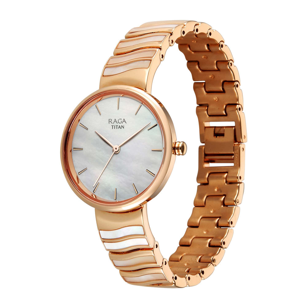 Titan Raga Mother of Pearl Dial Rose Gold Metal Strap Analog Watch for Women