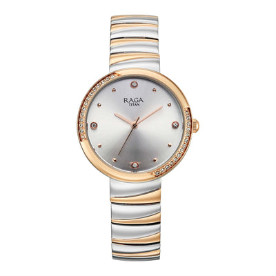 Titan Raga Silver Dial Two Toned Metal Strap Analog Watch for Women
