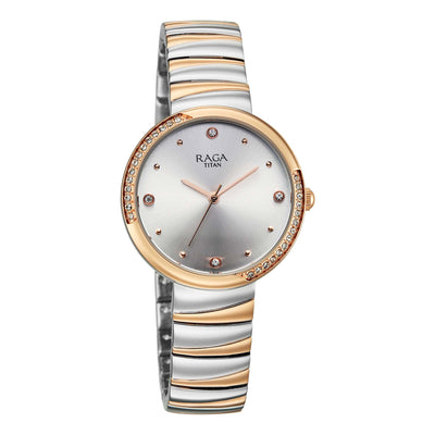 Titan Raga Silver Dial Two Toned Metal Strap Analog Watch for Women