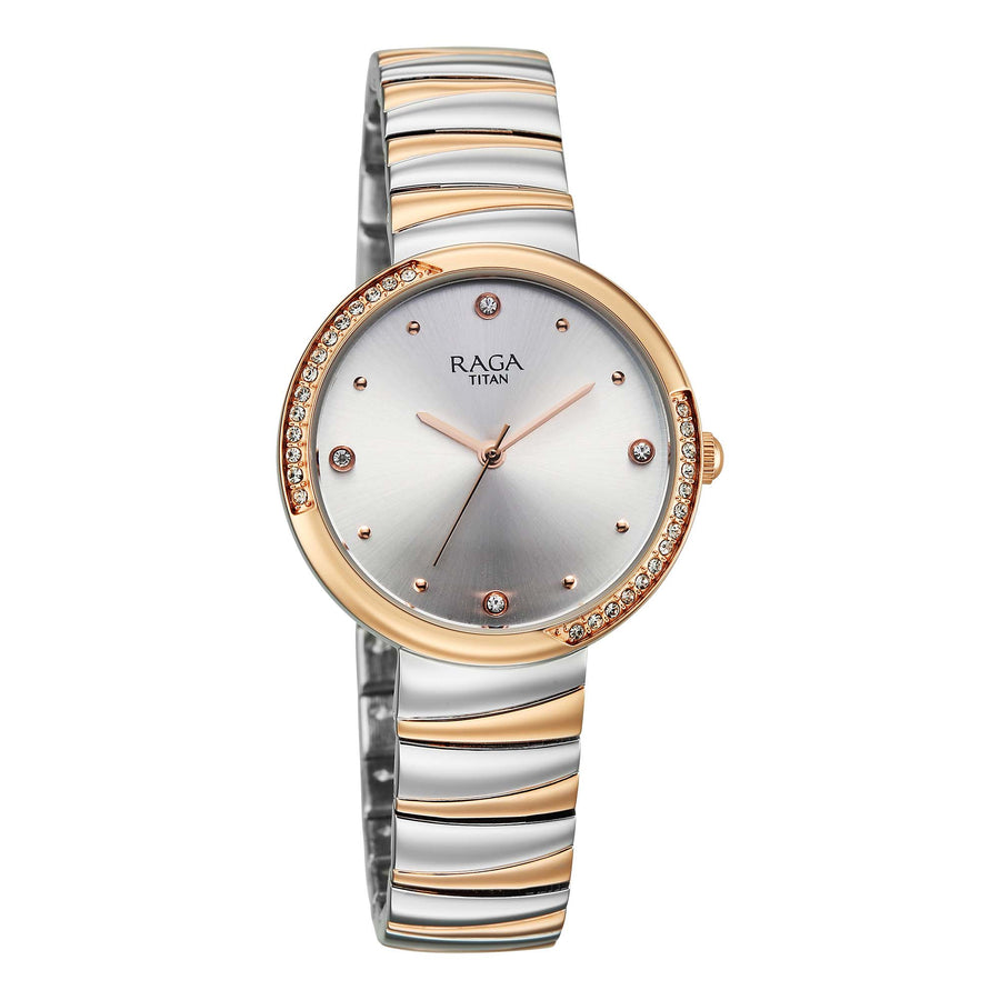 Titan Raga Silver Dial Two Toned Metal Strap Analog Watch for Women