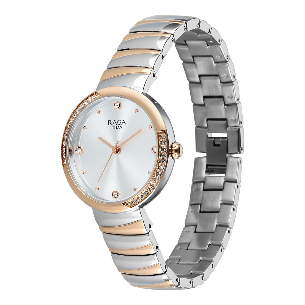 Titan Raga Silver Dial Two Toned Metal Strap Analog Watch for Women
