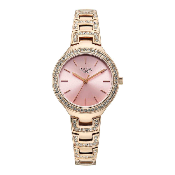 Titan Raga Pink Dial Rose Gold Metal Strap Analog Watch For Women