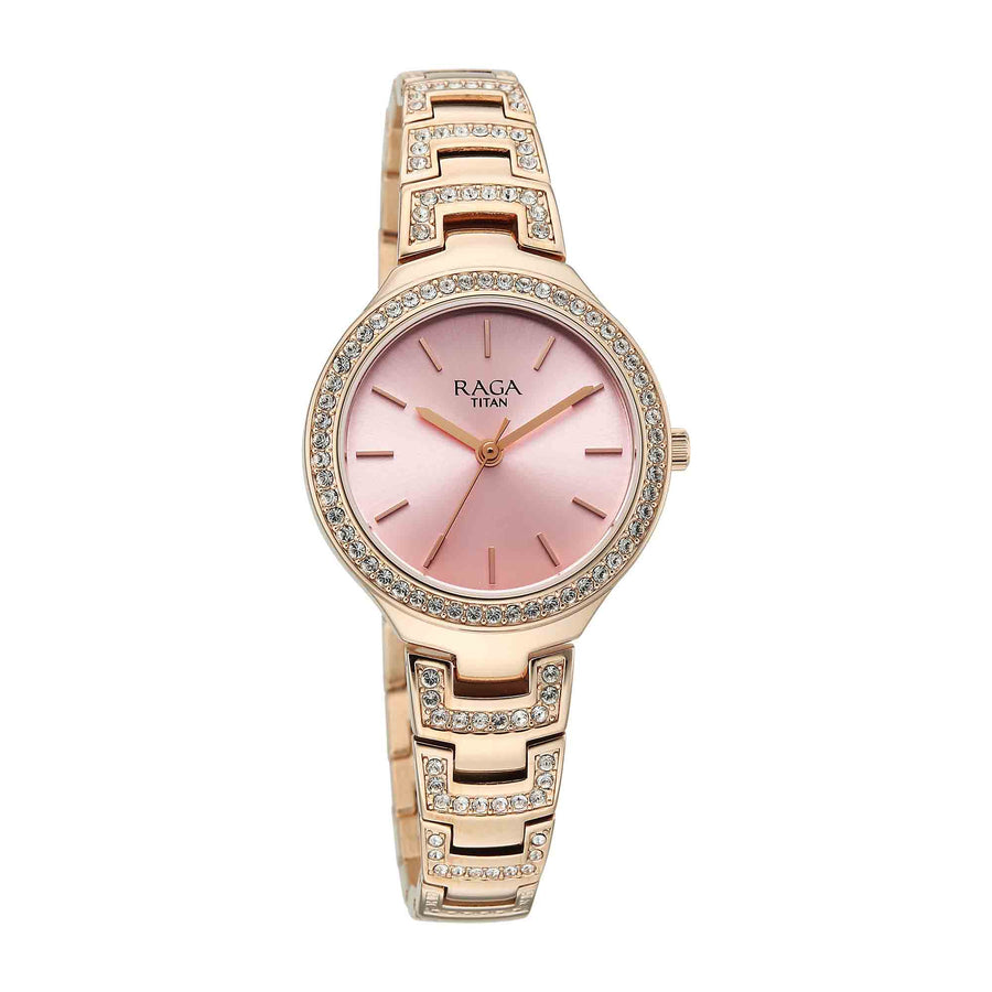 Titan Raga Pink Dial Rose Gold Metal Strap Analog Watch For Women