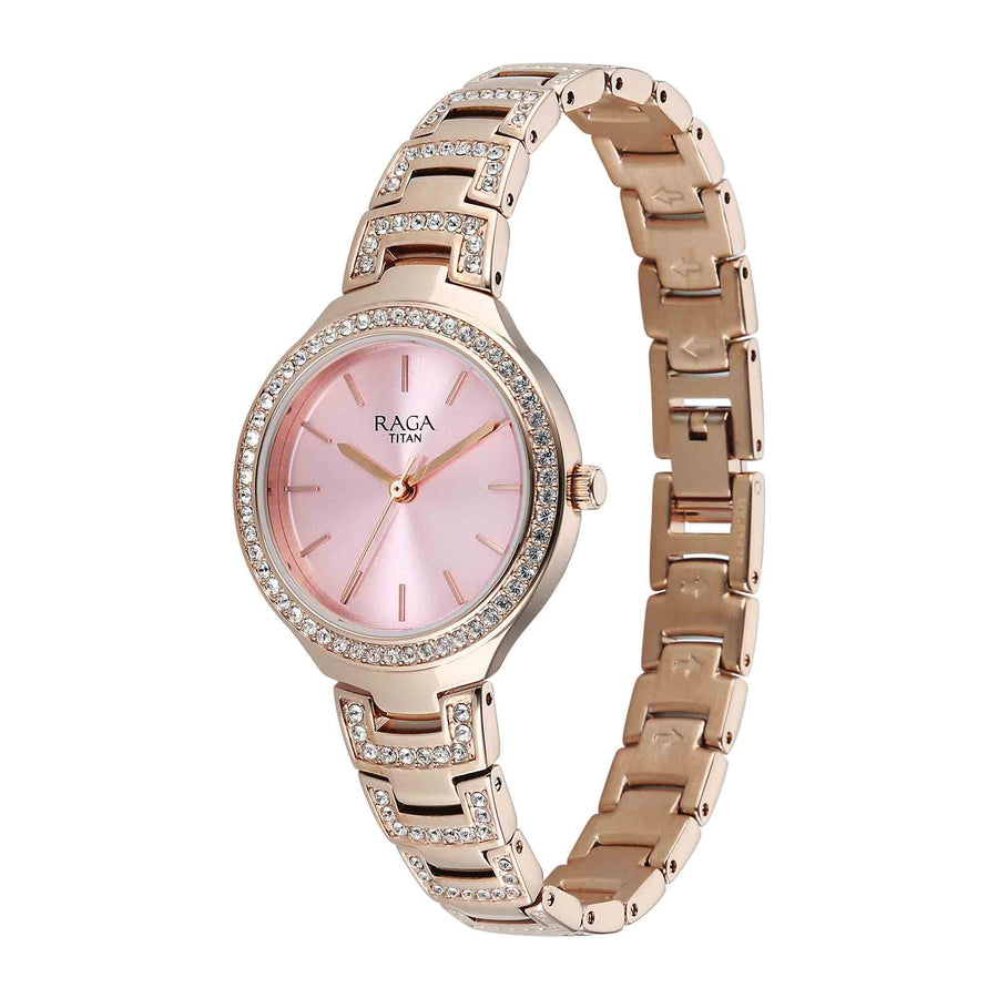 Titan Raga Pink Dial Rose Gold Metal Strap Analog Watch For Women