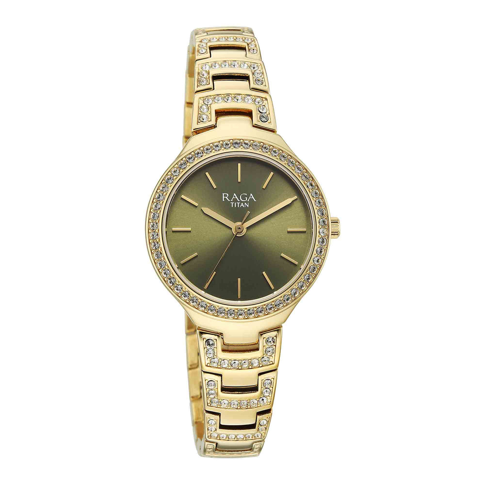 Titan Raga Green Dial Gold Metal Strap Analog Watch For Women