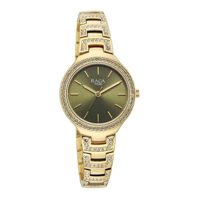 Titan Raga Green Dial Gold Metal Strap Analog Watch For Women