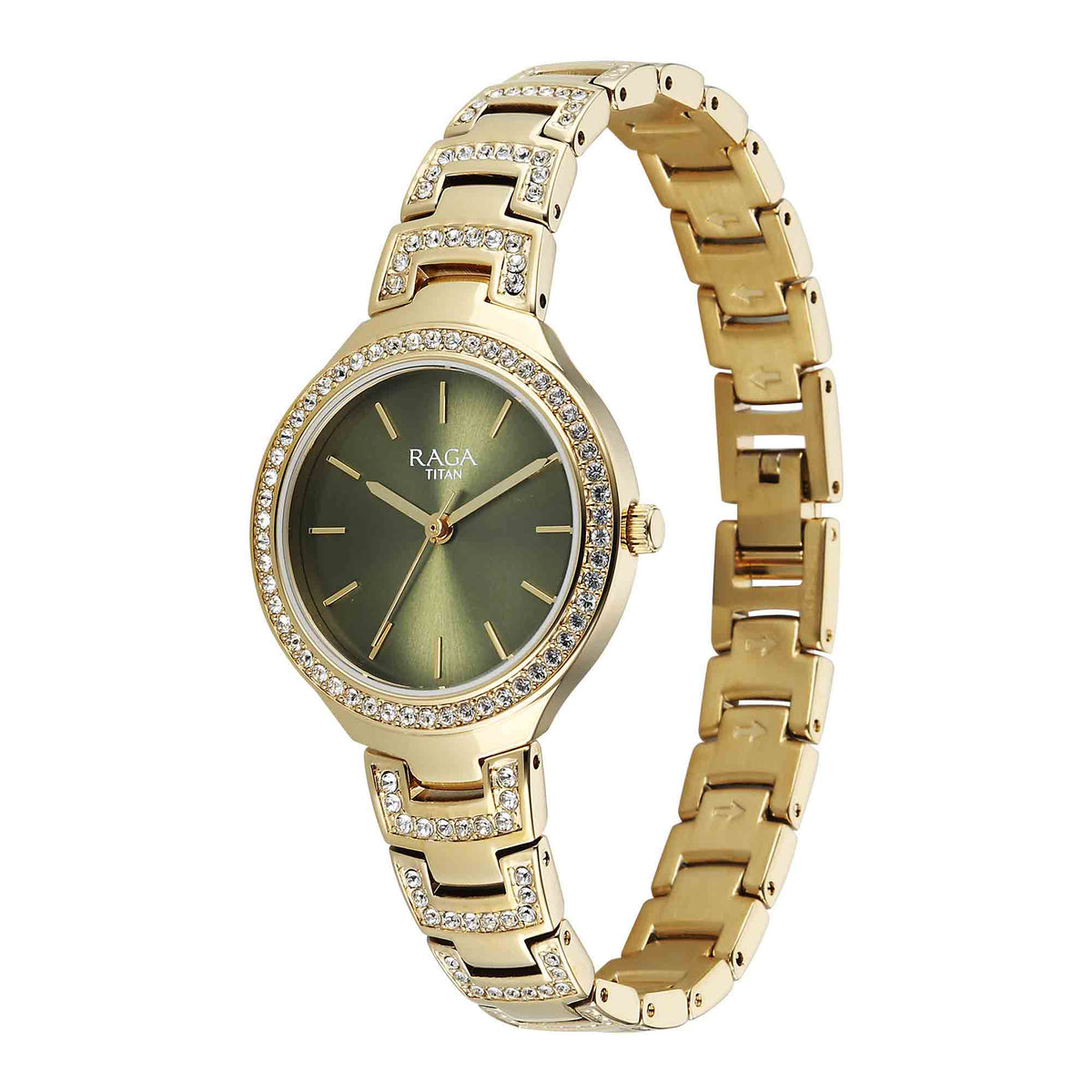 Titan Raga Green Dial Gold Metal Strap Analog Watch For Women