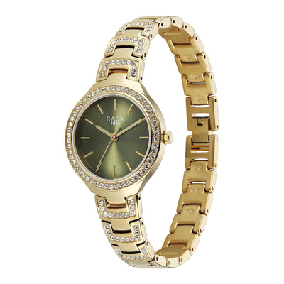 Titan Raga Green Dial Gold Metal Strap Analog Watch For Women