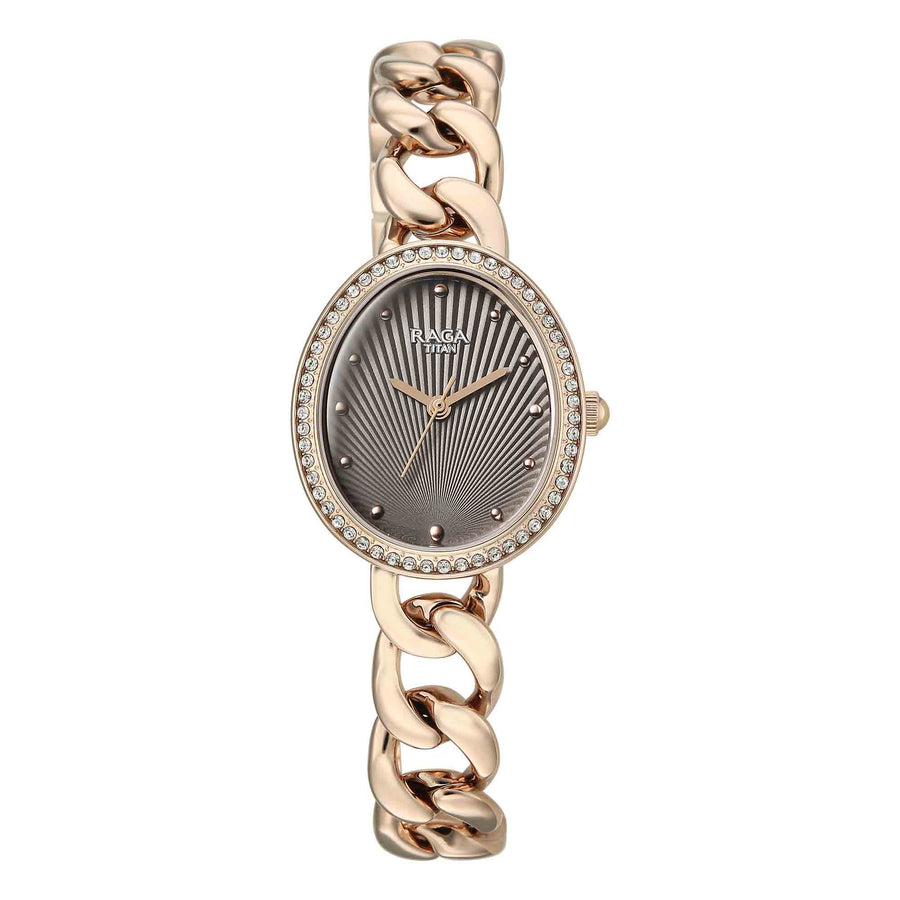 Titan Raga Grey Shaped Dial Rose Gold Metal Strap Analog Watch For Women