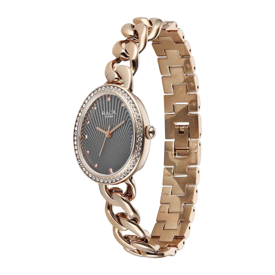 Titan Raga Grey Shaped Dial Rose Gold Metal Strap Analog Watch For Women
