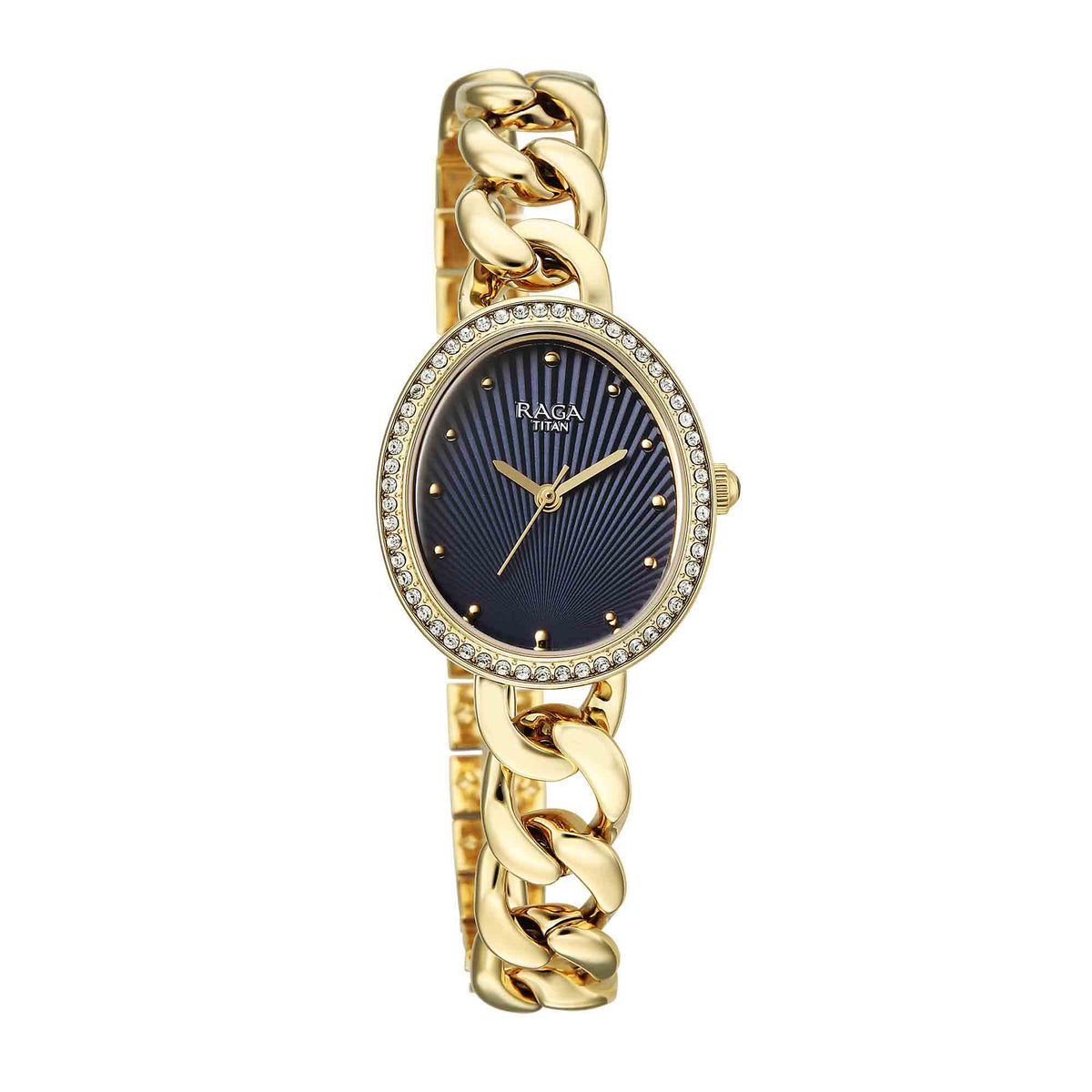 Titan Raga Blue Shaped Dial Gold Metal Strap Analog Watch For Women