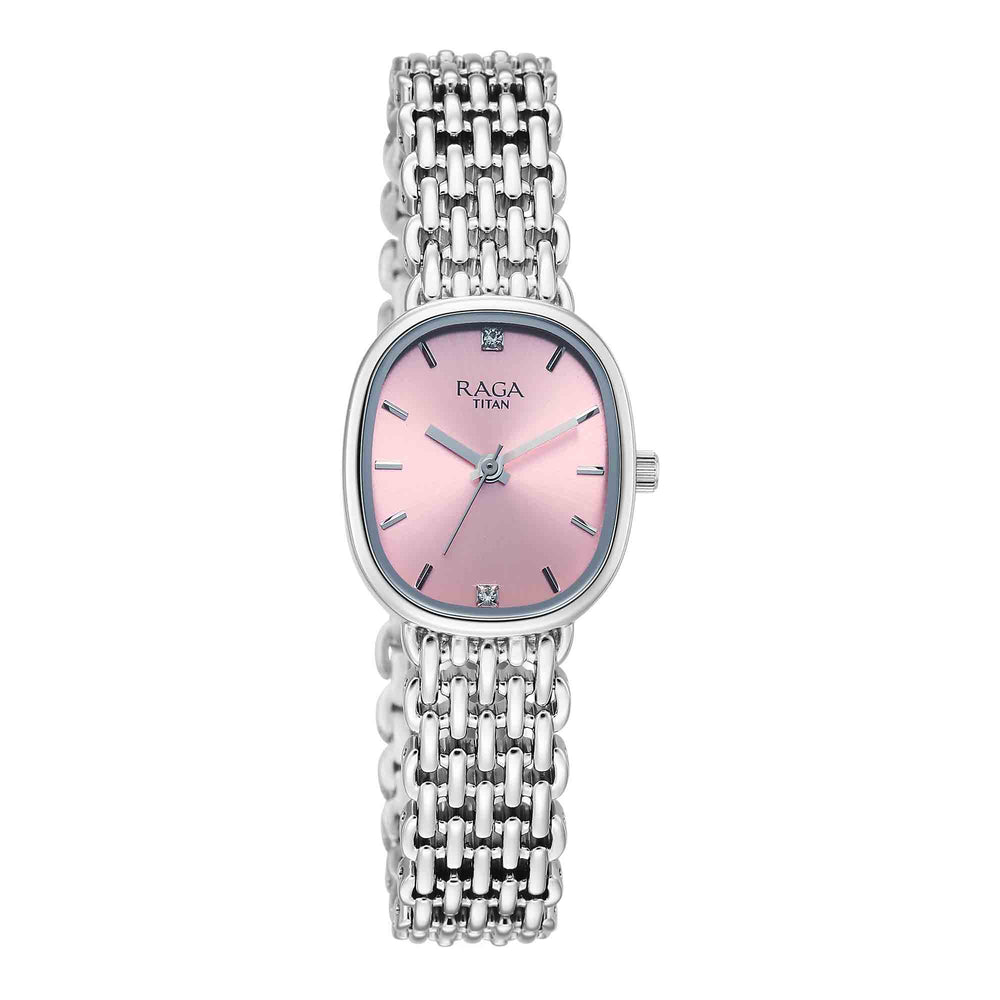 Titan Raga Pink Shaped Dial Silver Metal Strap Analog Watch For Women