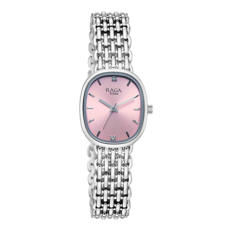 Titan Raga Pink Shaped Dial Silver Metal Strap Analog Watch For Women