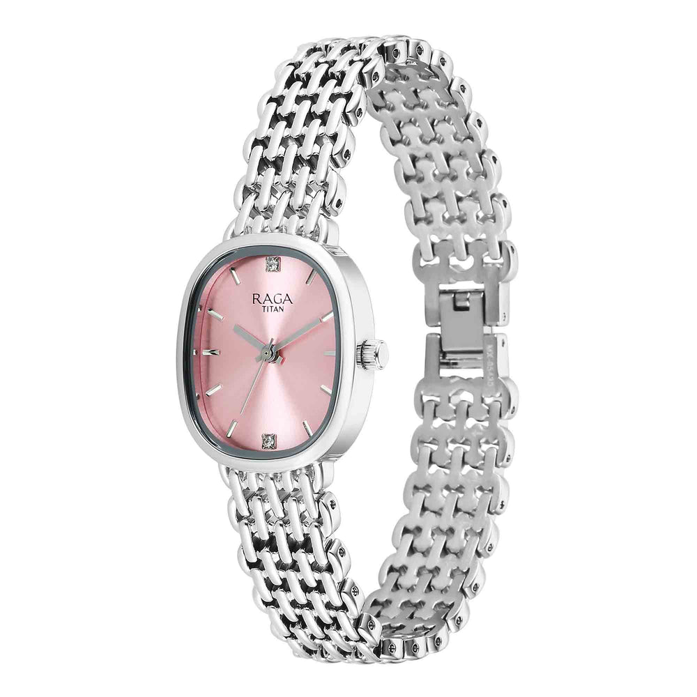 Titan Raga Pink Shaped Dial Silver Metal Strap Analog Watch For Women