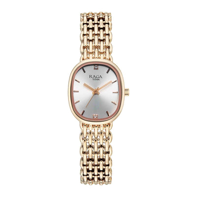 Titan Raga Silver Shaped Dial Rose Gold Metal Strap Analog Watch For Women