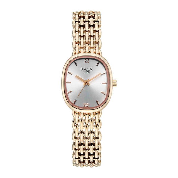 Titan Raga Silver Shaped Dial Rose Gold Metal Strap Analog Watch For Women
