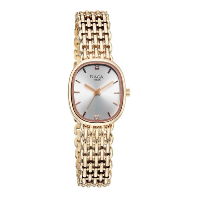 Titan Raga Silver Shaped Dial Rose Gold Metal Strap Analog Watch For Women