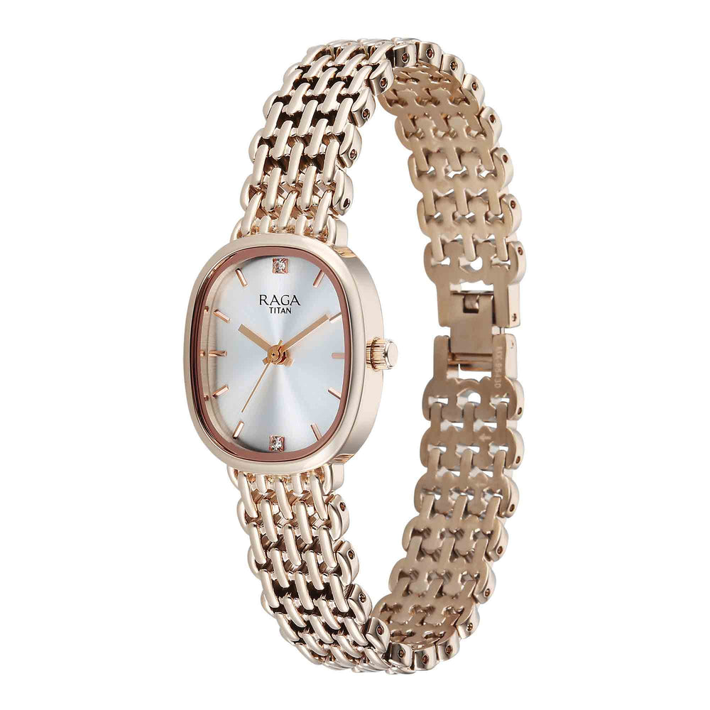 Titan Raga Silver Shaped Dial Rose Gold Metal Strap Analog Watch For Women