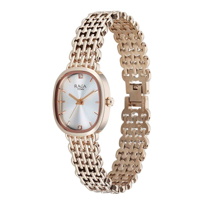 Titan Raga Silver Shaped Dial Rose Gold Metal Strap Analog Watch For Women