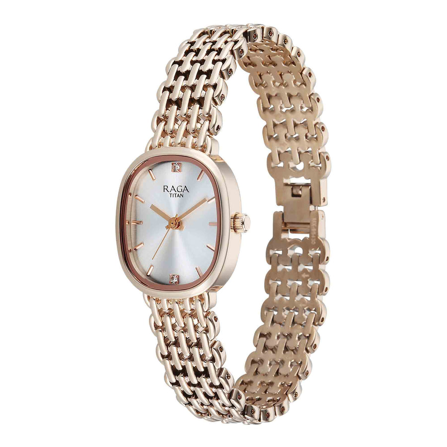Titan Raga Silver Shaped Dial Rose Gold Metal Strap Analog Watch For Women