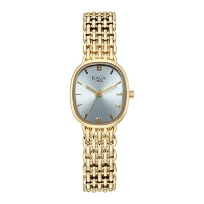 Titan Raga Blue Shaped Dial Gold Metal Strap Analog Watch For Women